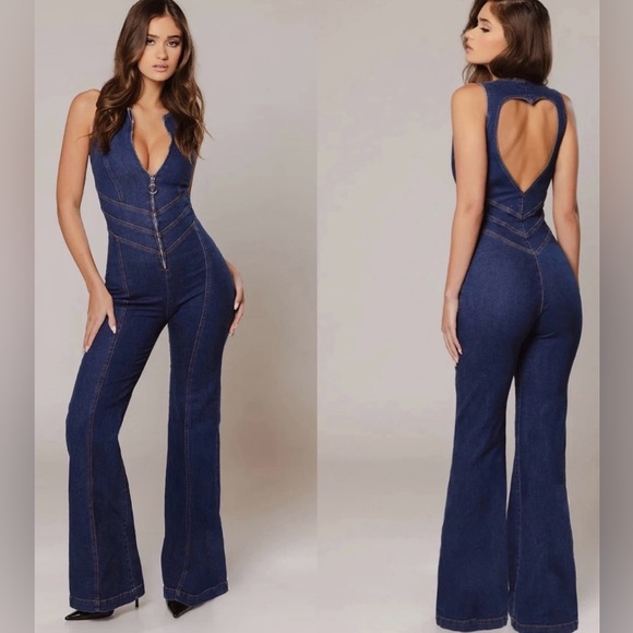REVICE Pants - NWT Revice Denim Hollywood Heartthrob Jumpsuit Heart Back Cutout Flare Large